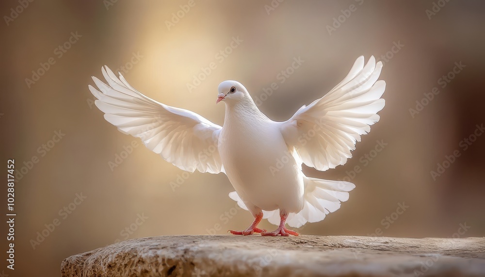 A white dove with outstretched wings perched on a stone surface in soft light A white dove with outstretched wings perched on a stone surface in soft light