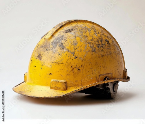 Worn yellow construction helmet placed on a clean surface highlighting its ru...