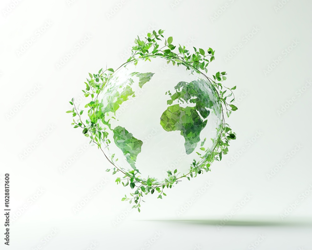 Leaves and vines forming an ecofriendly globe icon, suspended above a white background, gentle shadows, emitting a calming green glow Leaves and vines forming an ecofriendly globe icon, suspended above a white background, gentle shadows, emitting a calming green glow