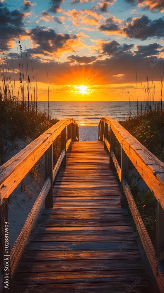 Fototapeta premium A wooden boardwalk leading to the beach, sunset, yellow and orange tones, golden hour