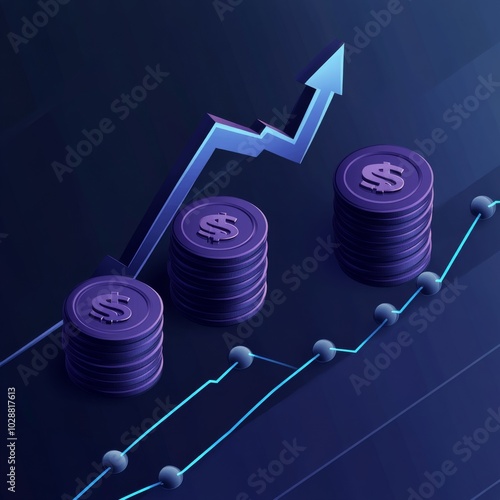 Growing financial success represented by stacks of coins and an upward arrow ...