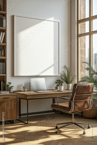 Modern workspace with a wooden desk, ergonomic chair, and natural light in a ...