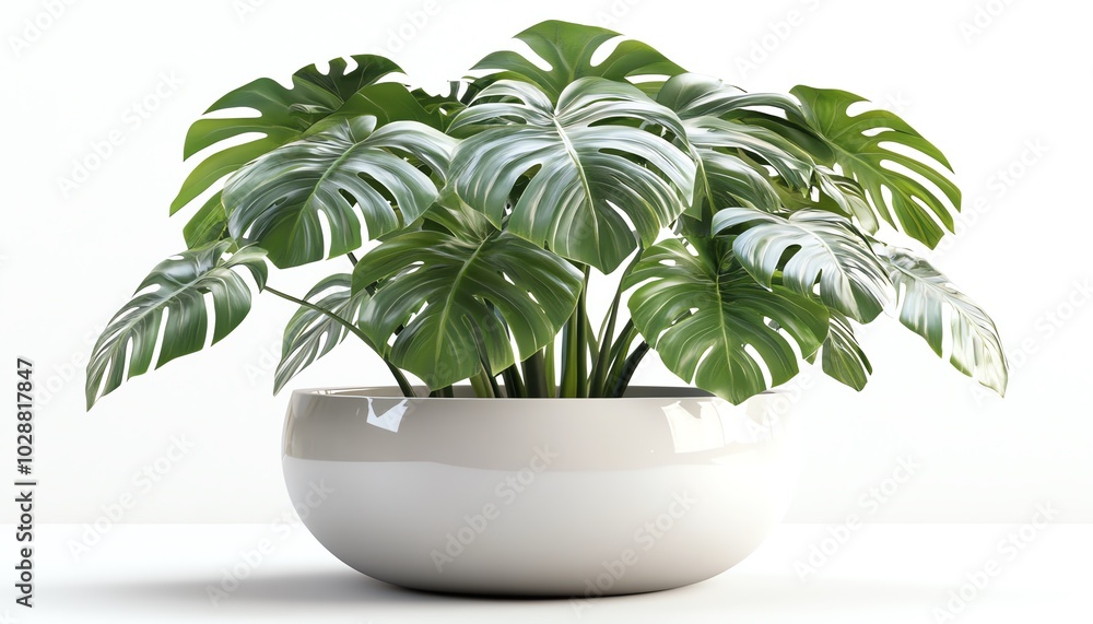 Lush monstera plant with large glossy leaves in a sleek modern planter, minimalist white background, emphasizing organic shapes and textures Lush monstera plant with large glossy leaves in a sleek modern planter, minimalist white background, emphasizing organic shapes and textures