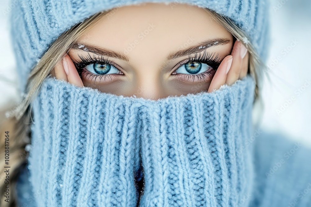 Portrait of woman in blue sweater, winter fashion with captivating gaze Portrait of woman in blue sweater, winter fashion with captivating gaze