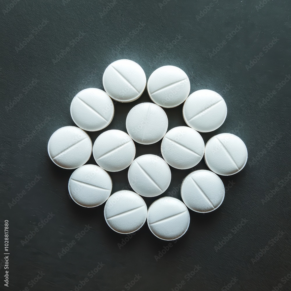 White Pills Arranged in a Circle on a Dark Surface White Pills Arranged in a Circle on a Dark Surface