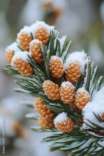 Frost covered pine cones on a branch glisten in the winter sunlight