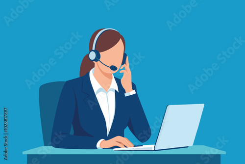 Female operator answering the phone, call center, customer support isolated flat vector illustration.