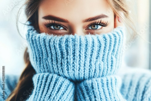 Portrait of woman in blue sweater, winter fashion with captivating gaze