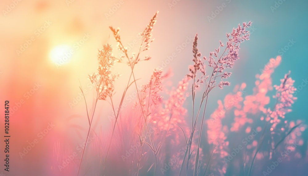 Colorful summer landscape with flowering grass at sunrise or sunset by the meadow Colorful summer landscape with flowering grass at sunrise or sunset by the meadow