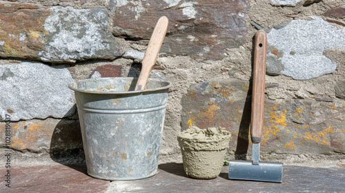 Tools of the Trade: Bricklayer's Trowel and Mortar at Construction Site