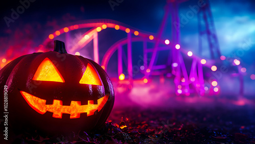 Wallpaper Mural Glowing jack-o'-lantern with vibrant amusement park roller coaster in background, creating a spooky Halloween atmosphere. Torontodigital.ca
