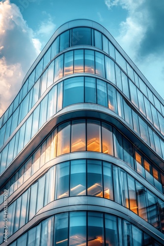 Modern skyscraper with curved glass facade reflecting sunset in an urban landscape