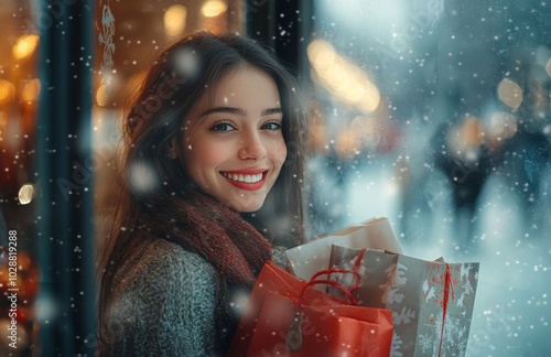 Happy woman enjoying winter shopping in a festive city with snowflakes fallin...