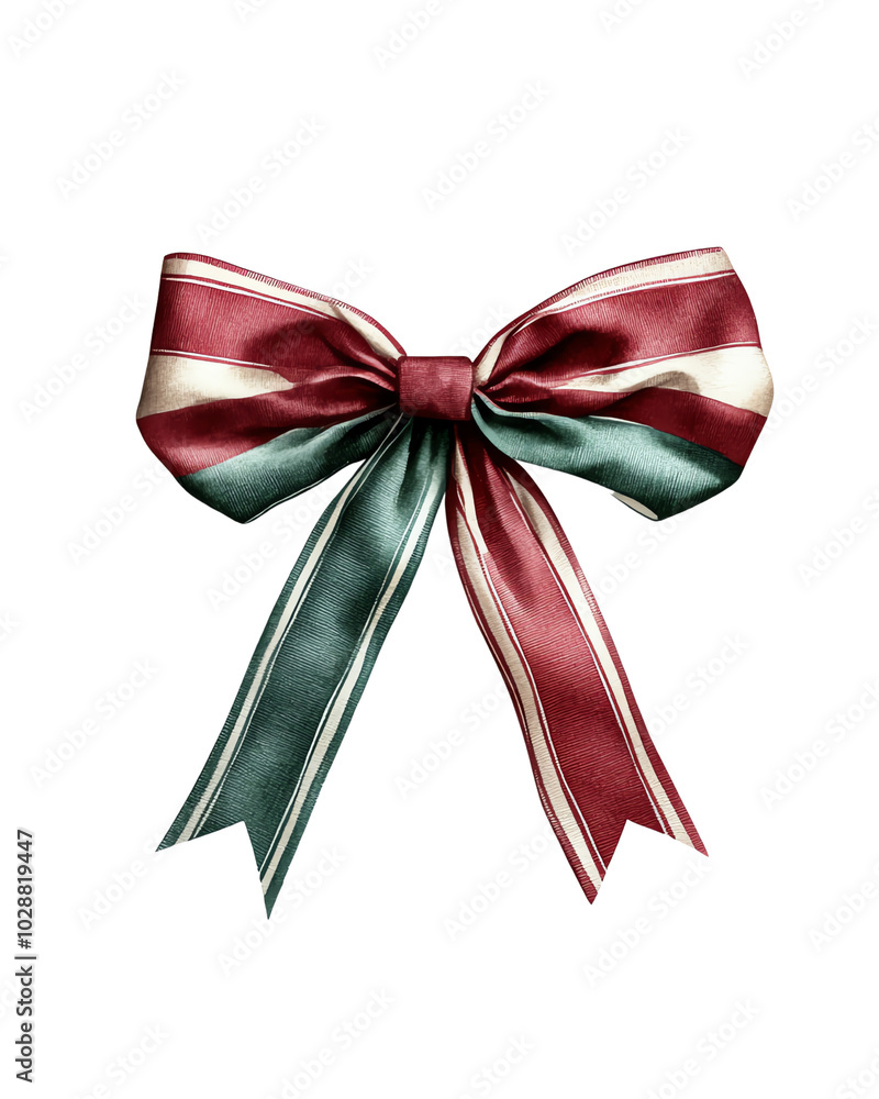 Decorative bow in maroon and green silk on a white isolated background. Decorative bow in maroon and green silk on a white isolated background.
