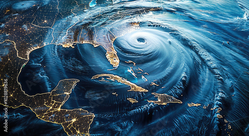 Category 5 hurricane on a map crossing the Atlantic ocean, map outline, laser lighting. photo