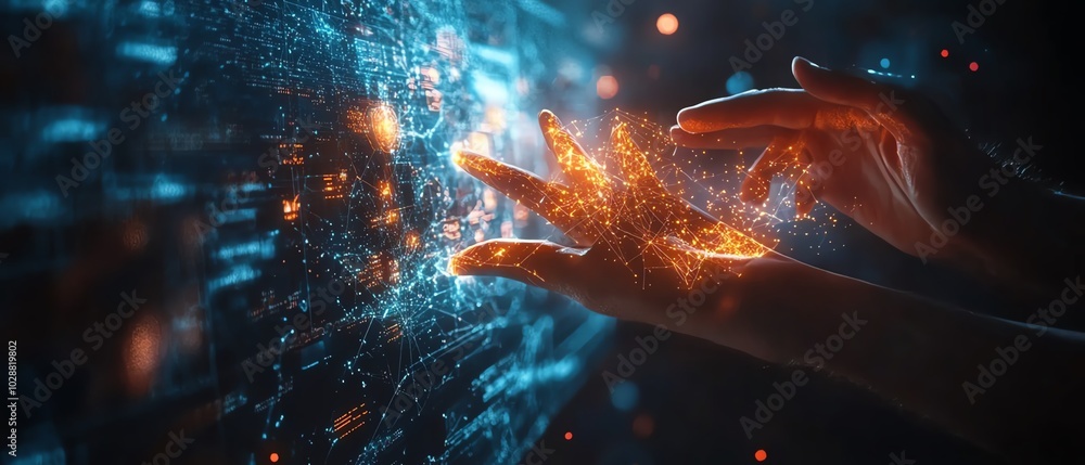 Obraz premium Futuristic data visualization with hands manipulating a holographic interface, glowing nodes representing AI and machine learning in a sleek hightech environment