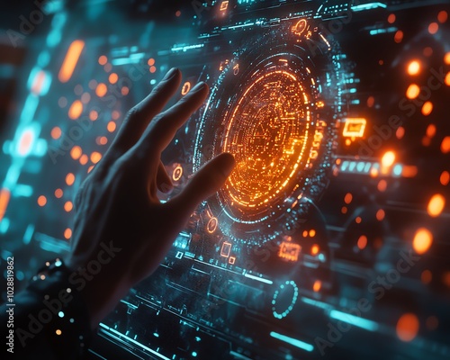 Futuristic data visualization environment featuring hands engaging with a holographic interface, glowing nodes representing machine learning and AI technology photo