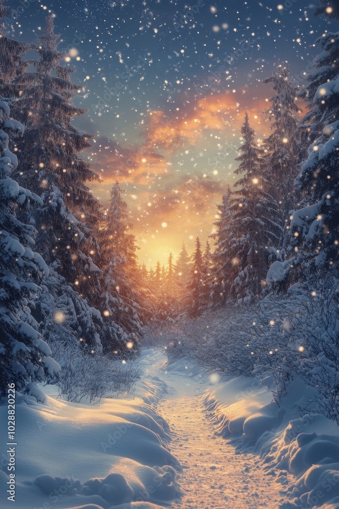 A winter path through snow covered trees under a vivid aurora borealis at night A winter path through snow covered trees under a vivid aurora borealis at night