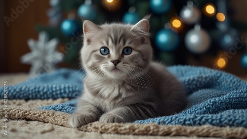 cat on the floor wirh Christmas decorations photo