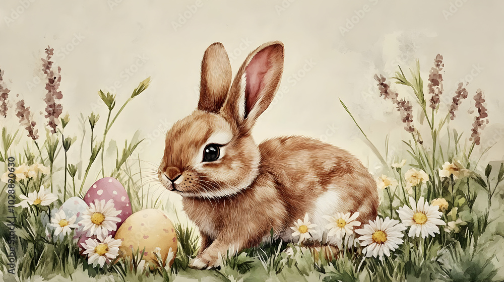 A cute rabbit beside colorful Easter eggs and flowers. A cute rabbit beside colorful Easter eggs and flowers.