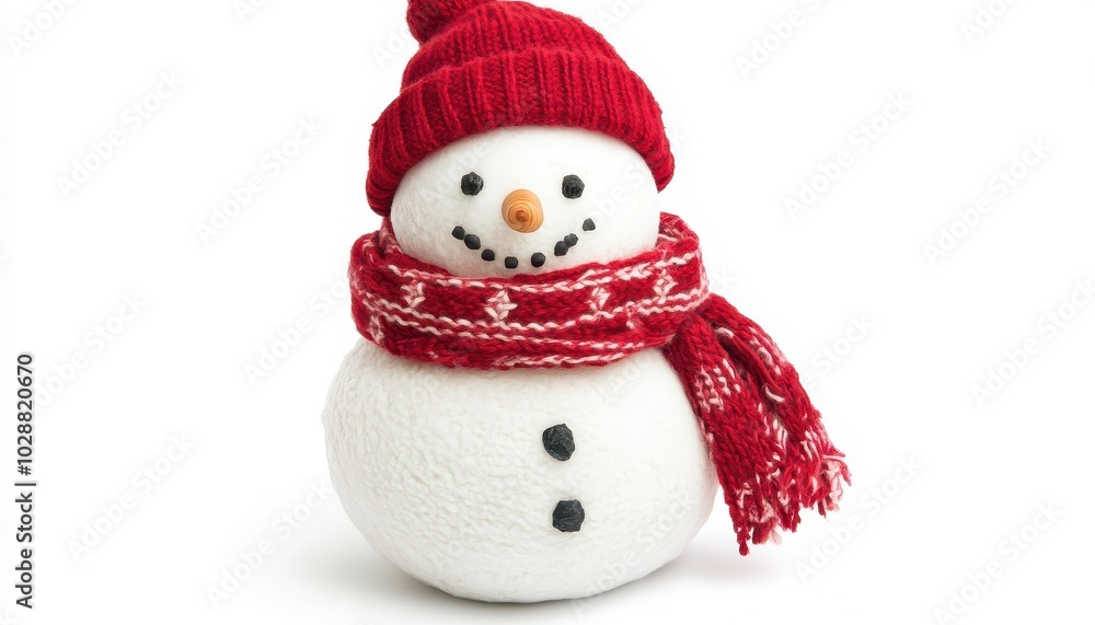 Cheerful snowman wearing a red hat and scarf stands against a white background Cheerful snowman wearing a red hat and scarf stands against a white background