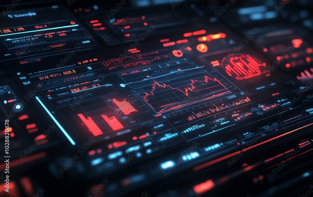 Futuristic financial dashboard with holographic 3D charts and graphs ...