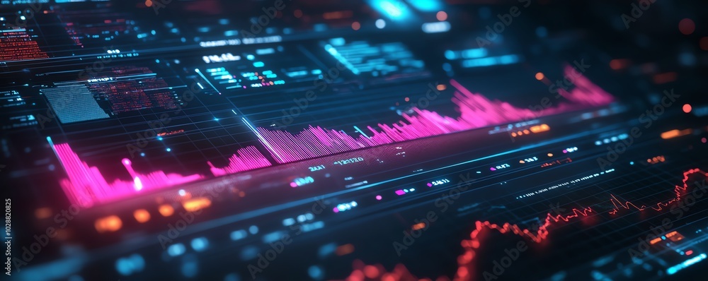 Futuristic financial dashboard displaying holographic 3D graphs and charts, dark space background, glowing data streams highlighting economic indicators Futuristic financial dashboard displaying holographic 3D graphs and charts, dark space background, glowing data streams highlighting economic indicators