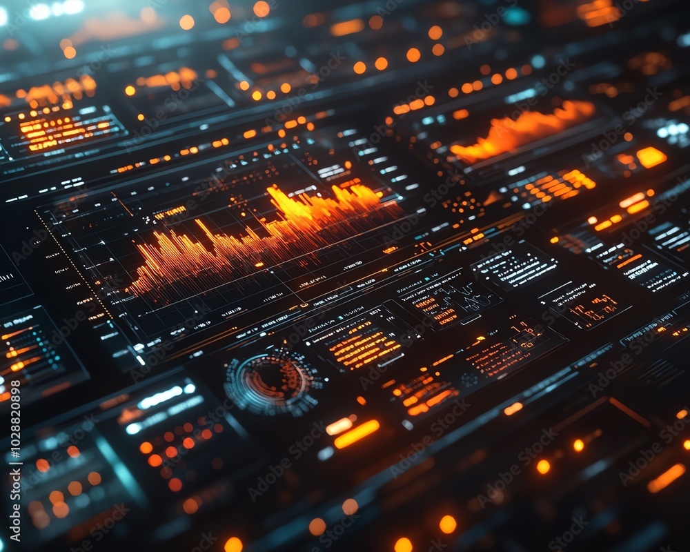 Futuristic financial dashboard with holographic 3D charts and graphs floating in dark space, glowing data streams and market indicators, hightech visualization of global economics Futuristic financial dashboard with holographic 3D charts and graphs floating in dark space, glowing data streams and market indicators, hightech visualization of global economics
