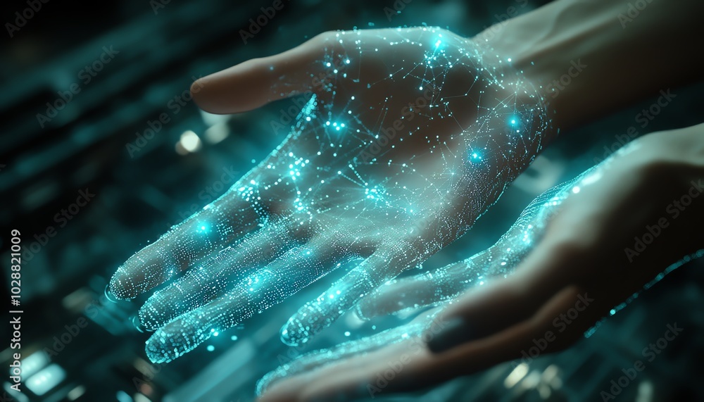 Futuristic hands interacting with glowing nodes on a holographic interface, showcasing abstract data visualization of AI and machine learning technology Futuristic hands interacting with glowing nodes on a holographic interface, showcasing abstract data visualization of AI and machine learning technology