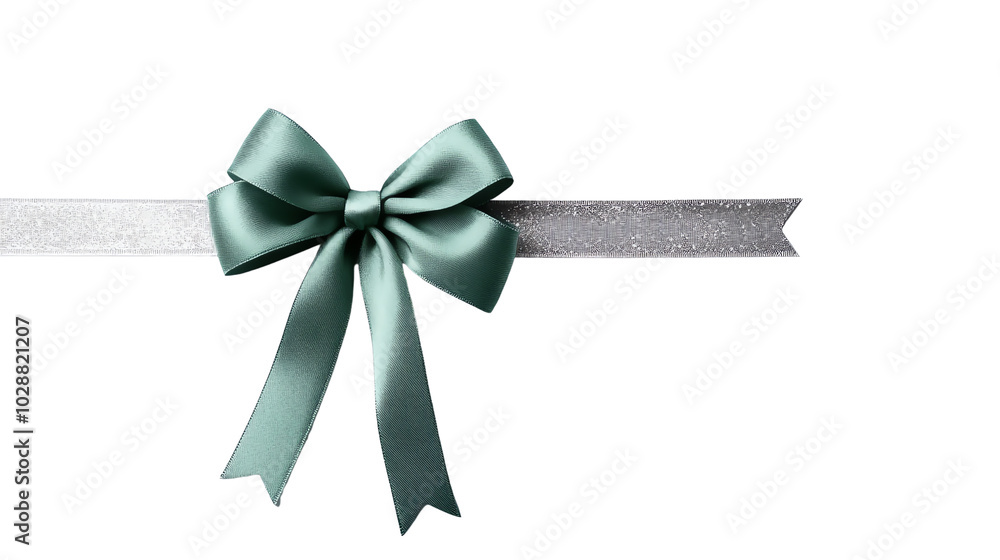 Elegant teal ribbon bow on silver background, perfect for decoration and gift wrapping. Elegant teal ribbon bow on silver background, perfect for decoration and gift wrapping.