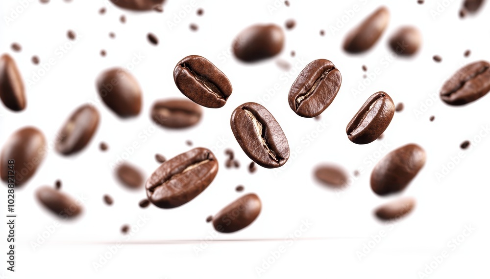 Flying coffee beans captured in mid-air against a plain white background Flying coffee beans captured in mid-air against a plain white background
