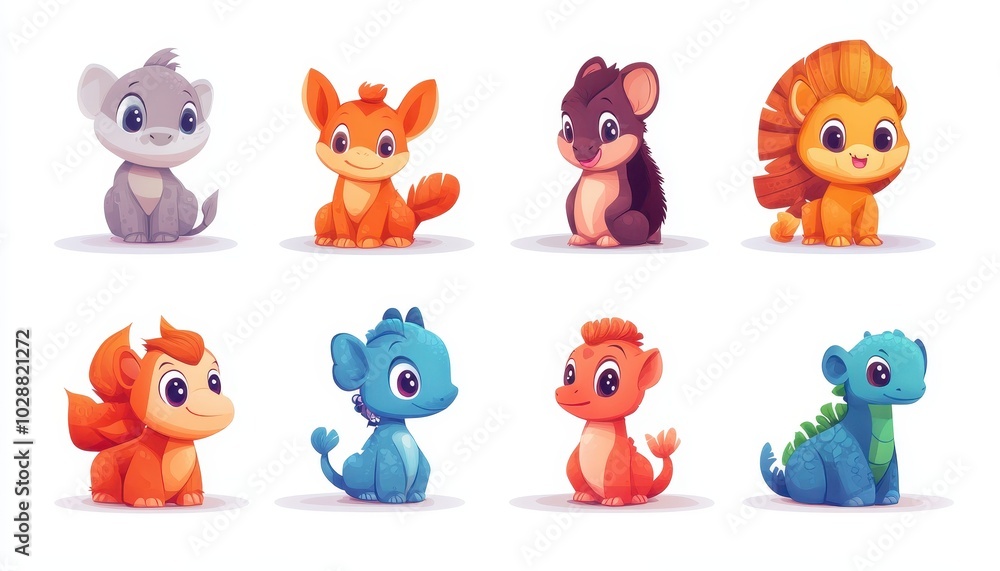 Naklejka premium Colorful cartoon baby animals in a playful character design set on a white background