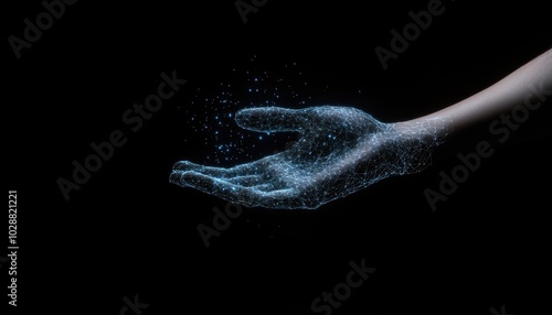 Digital hand hologram representing neural network connections on dark background