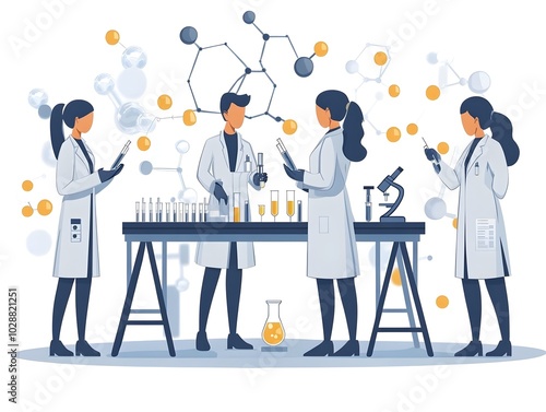 Medical research: Scientists experimenting at a lab bench A group of scientists in a laboratory working together on a project, with test tubes and microscopes around them. 