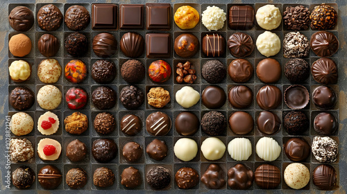 Assorted chocolates arranged neatly in a grid pattern.