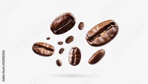 Coffee beans flying through the air against a clean, isolated white background