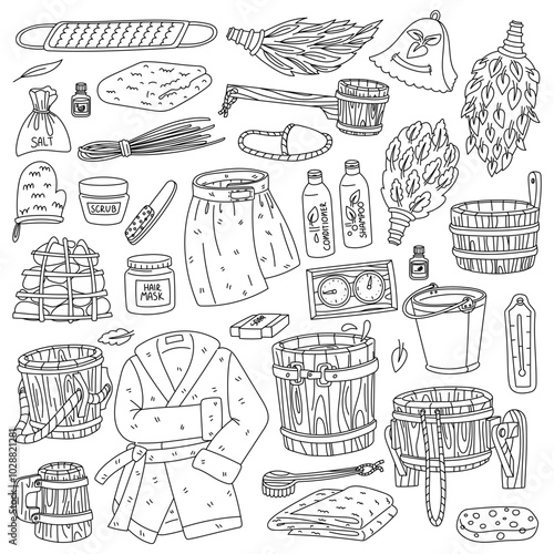 set of doodle accessories for baths and saunas. a wooden ladle, a bucket of water for wellness, a massage broom made of green leaves, coals, a cap, a thermometer, a bathrobe, a washcloth, pumice stone