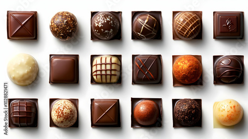 A variety of elegant chocolate truffles arranged in a grid.