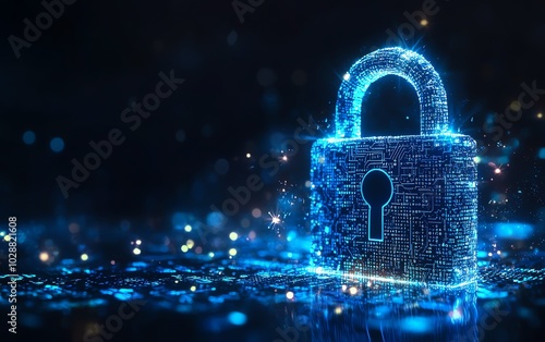 Hightech digital padlock with radiant blue circuits against a dark background, binary code cascading, representing the essence of cybersecurity