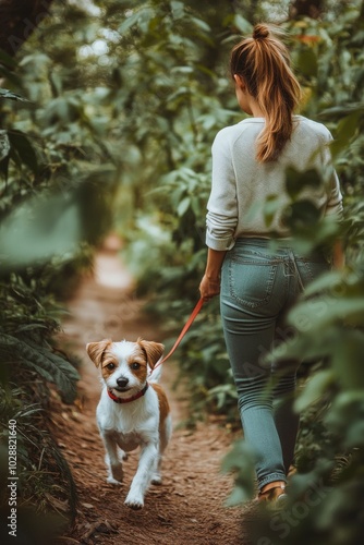 Woman walking a playful dog on a lush trail surrounded by greenery in early a...