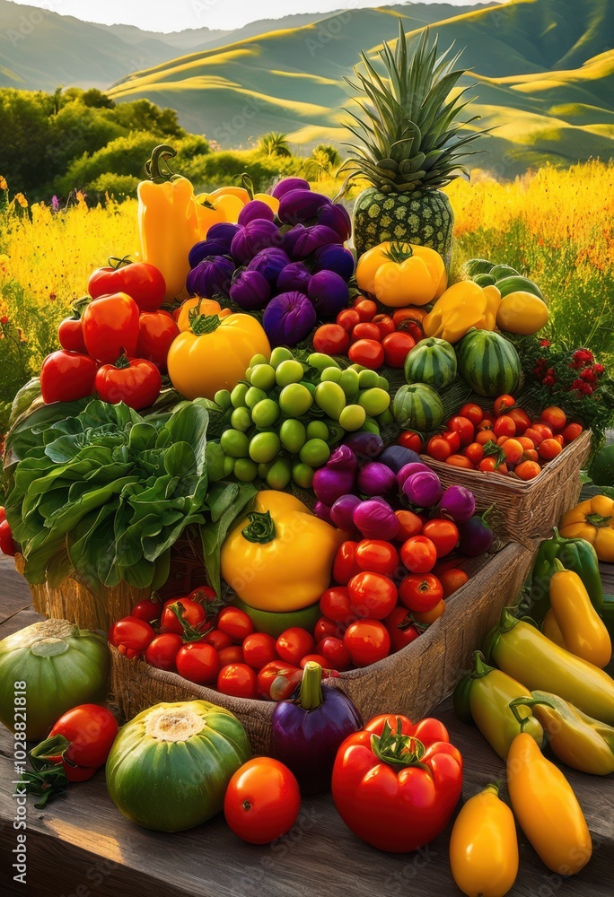 colorful display vibrant fruits fresh vegetables bathed soft golden light lush tranquil farm landscape, apples, aromatic, autumn, backyard, basil, berries colorful display vibrant fruits fresh vegetables bathed soft golden light lush tranquil farm landscape, apples, aromatic, autumn, backyard, basil, berries
