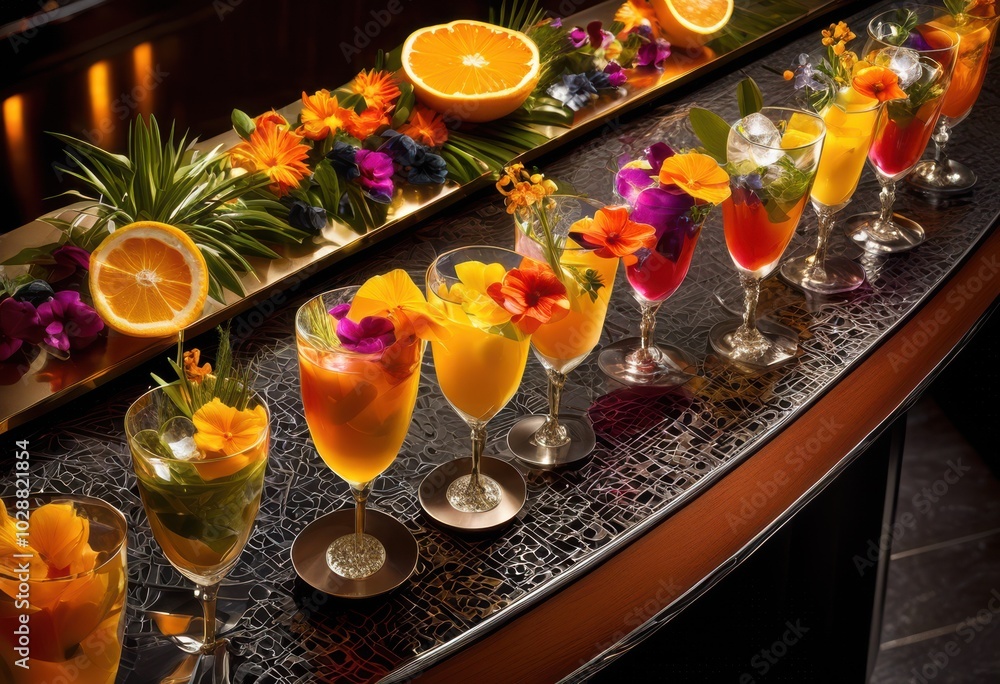 Obraz premium colorful artistic cocktail garnishes arranged elegantly chic bar surface modern touches textures, beverage, glass, fruit, herb, elegance, style, decoration
