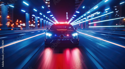 A police car driving on highway at night. photo