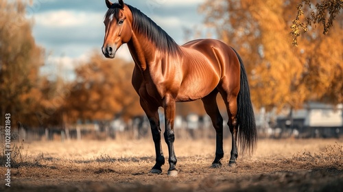 Majestic Brown Horse in Autumn Field - Nature Photography