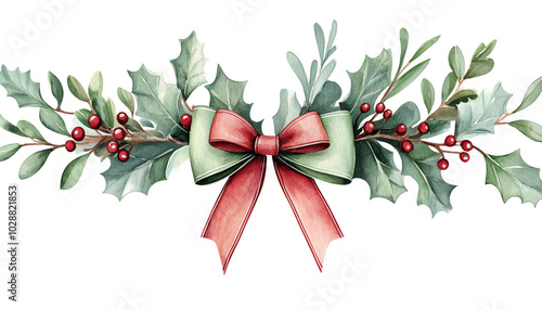 Holly leaves and red berries with a festive ribbon, white isolated background.