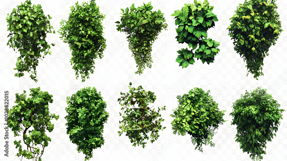 Collection of various green foliage and plant clusters. Collection of various green foliage and plant clusters.
