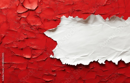 Abstract red artwork with a textured surface and torn paper effects on a whit...