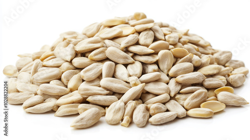 A visually appealing image of a pile of peeled sunflower seeds isolated on a white background. The raw sunflower kernels are displayed in a way that highlights their natural texture and color,