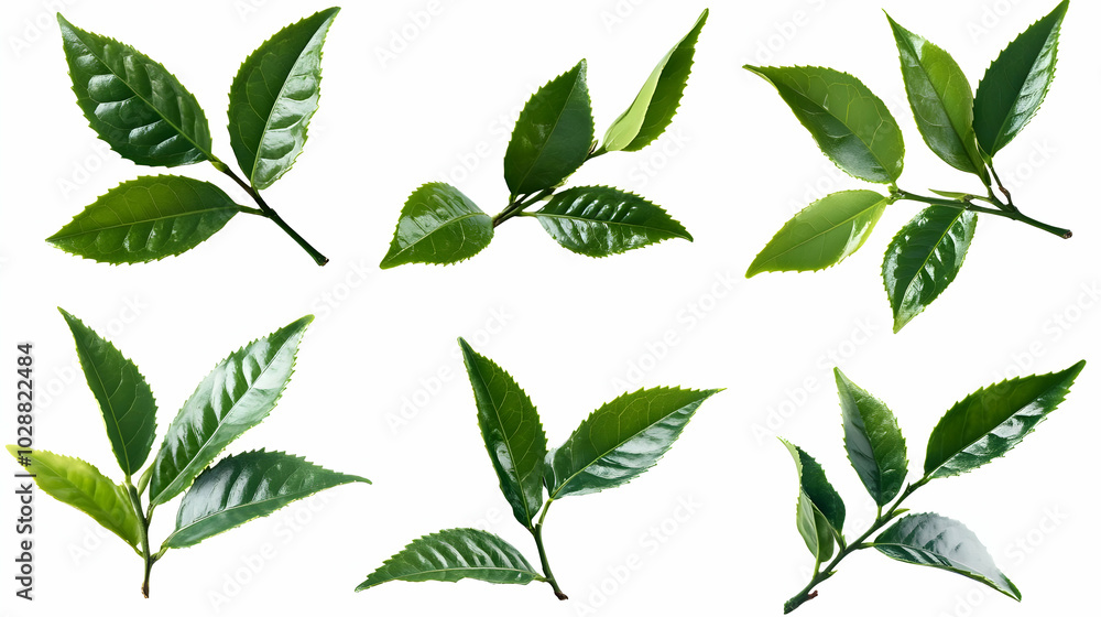 A collection of glossy green tea leaves arranged aesthetically. A collection of glossy green tea leaves arranged aesthetically.