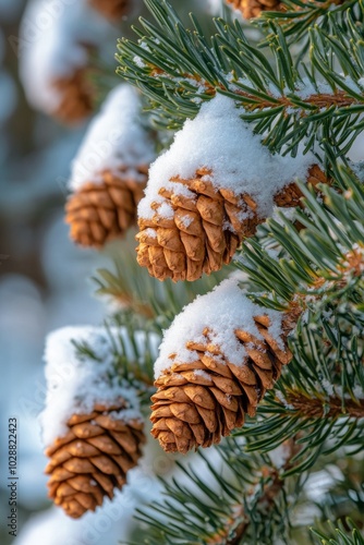 Frost covered pine cones on a branch glisten in the winter sunlight